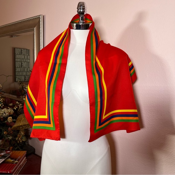 Vintage 70 80 Red MOD Rainbow Preppy Stripe Rectangle Bow Neck Scarf - Picture 5 of 17